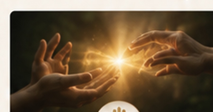 Warm light between hands representing energy work